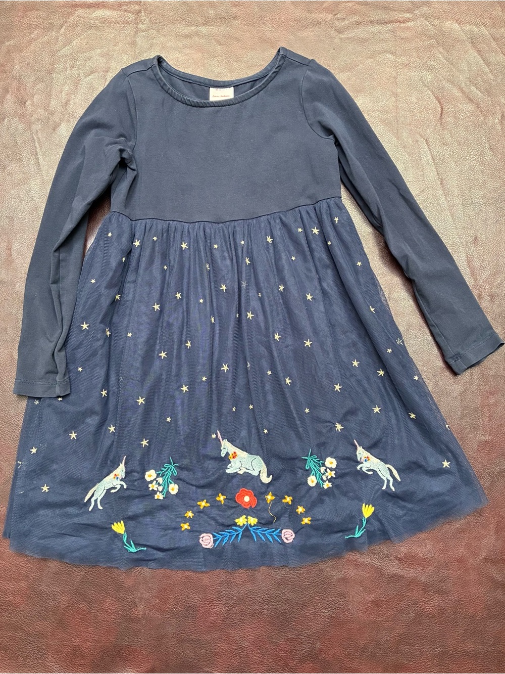 Hanna Andersson Navy Long-Sleeve Unicorn Embroidered Dress